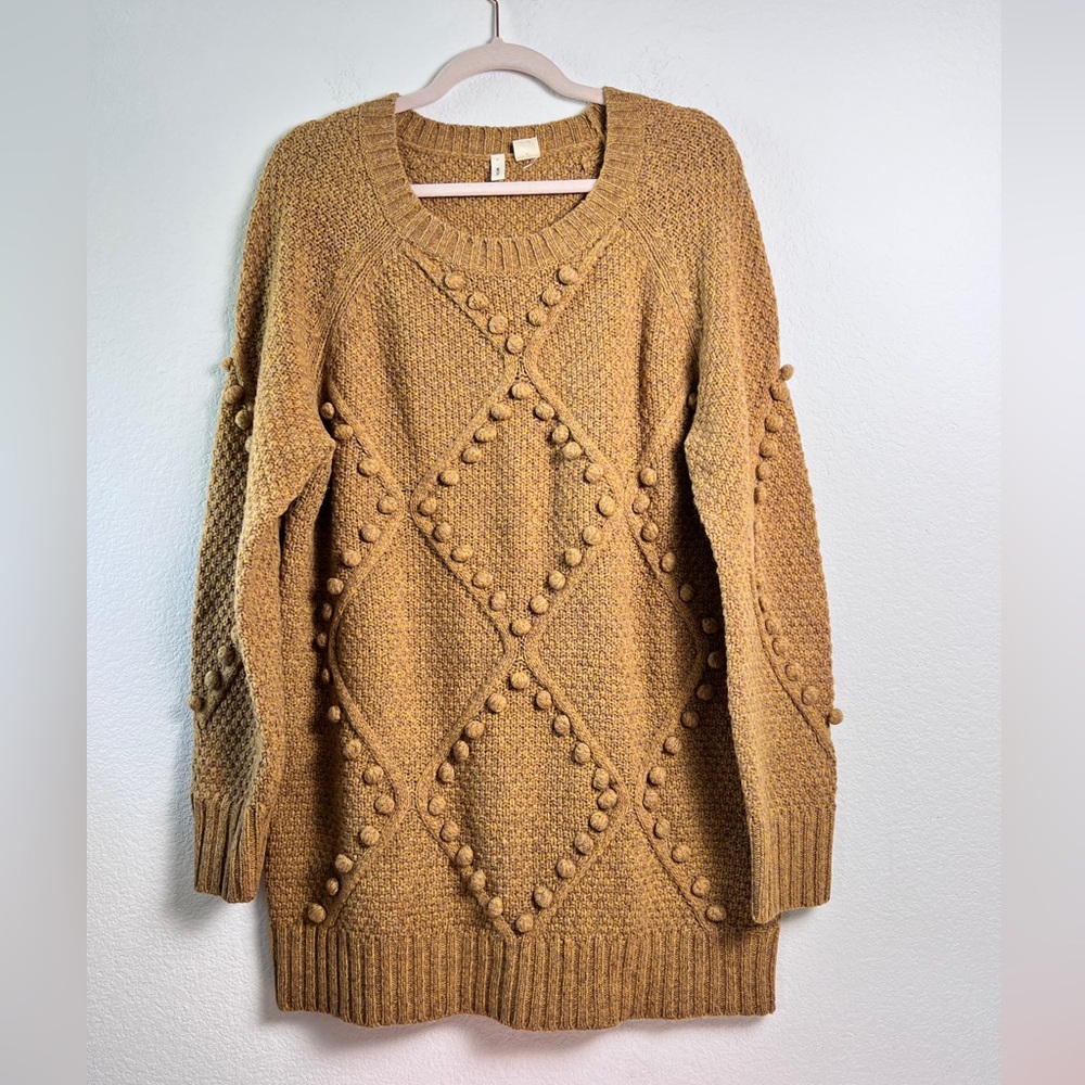 Anthropologie Moth Yellow‎ Wool Blend Crew Neck Pom Pom Sweater Medium